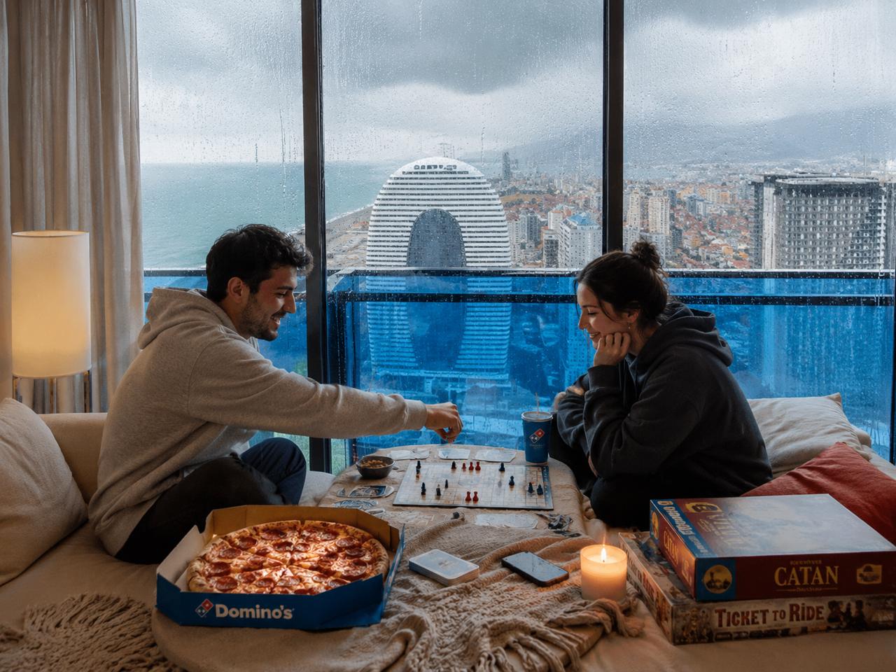 Family enjoying Domino's pizza at home on a cozy rainy day.